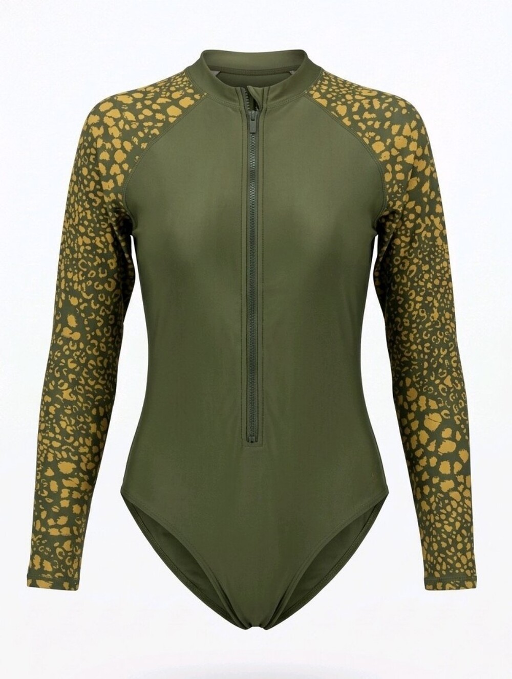 Womenβs Olive Green Long-Sleeve Zip Front Swim Top